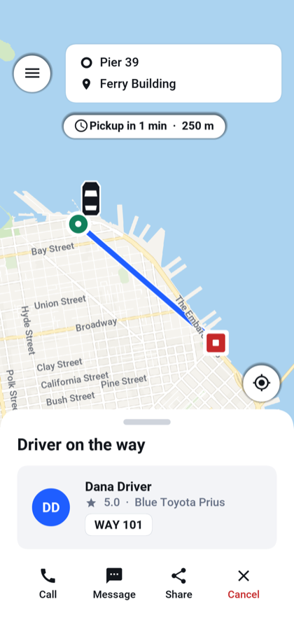 The rider screen while a driver approaches: the car on the route, the time to pickup, and the driver’s name, car and plate